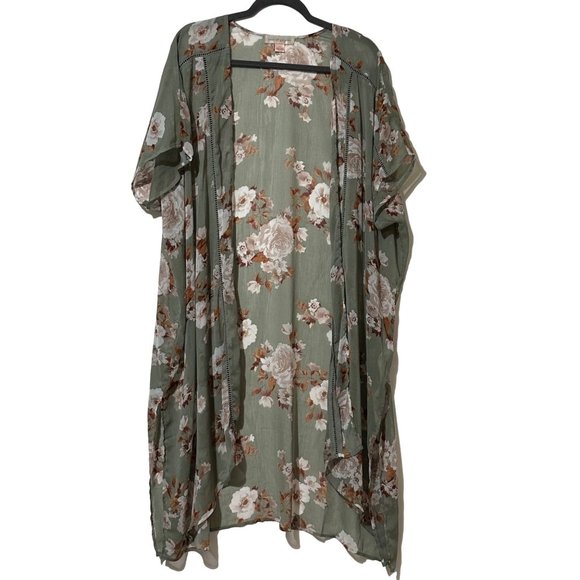 Band of Gypsies women’s sz XS/S sage green floral short sleeve open sheer duster - Picture 1 of 7
